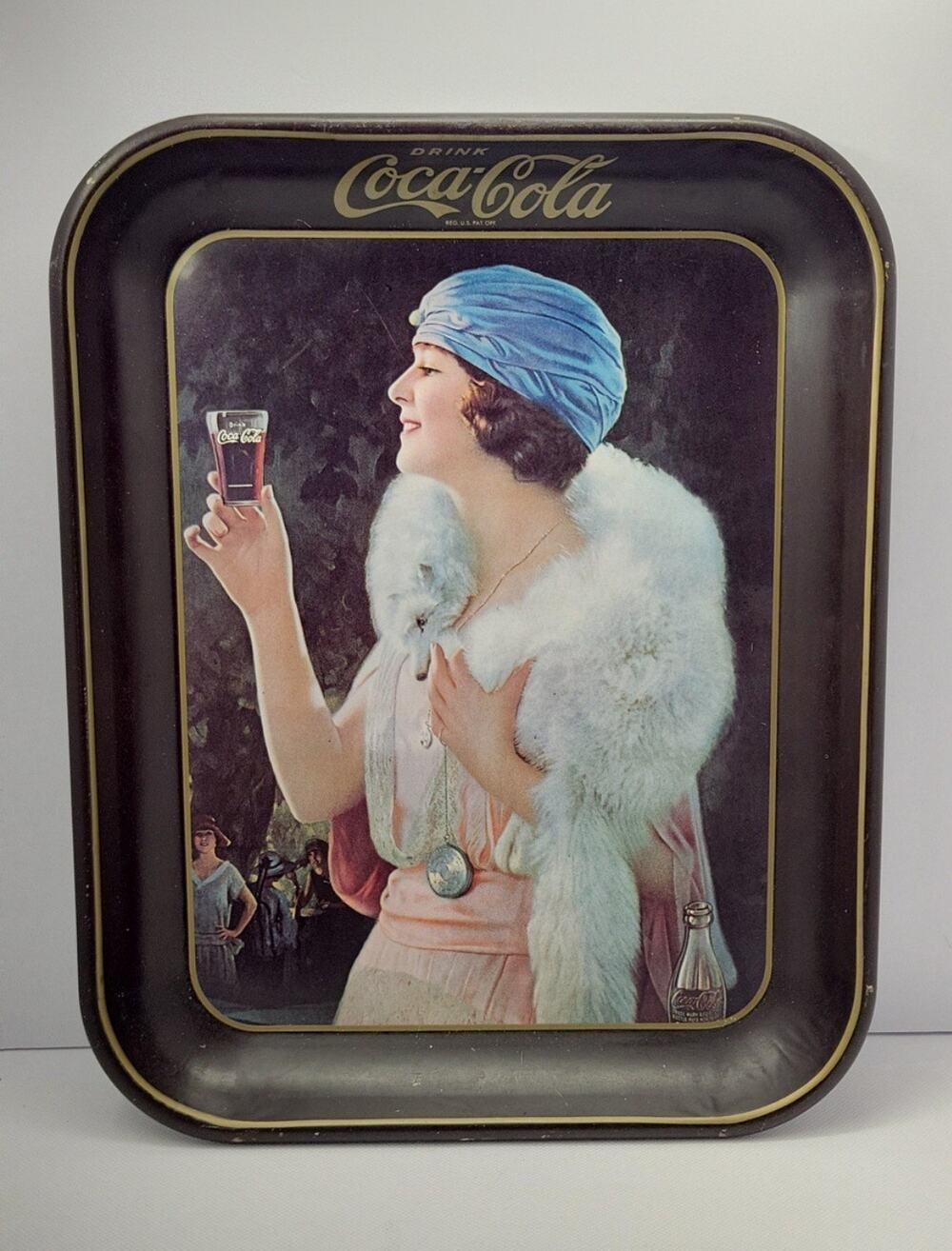Coca Cola Vintage Style Metal Tray Woman Holding Coke Glass Bar Decor